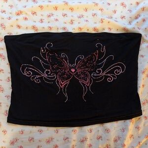 Distressed rhinestone 🦋 butterfly tube top